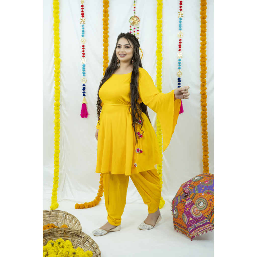 Beautiful Heavy embroidery Work Yellow Kurti with pant and dupatta set   mahezon
