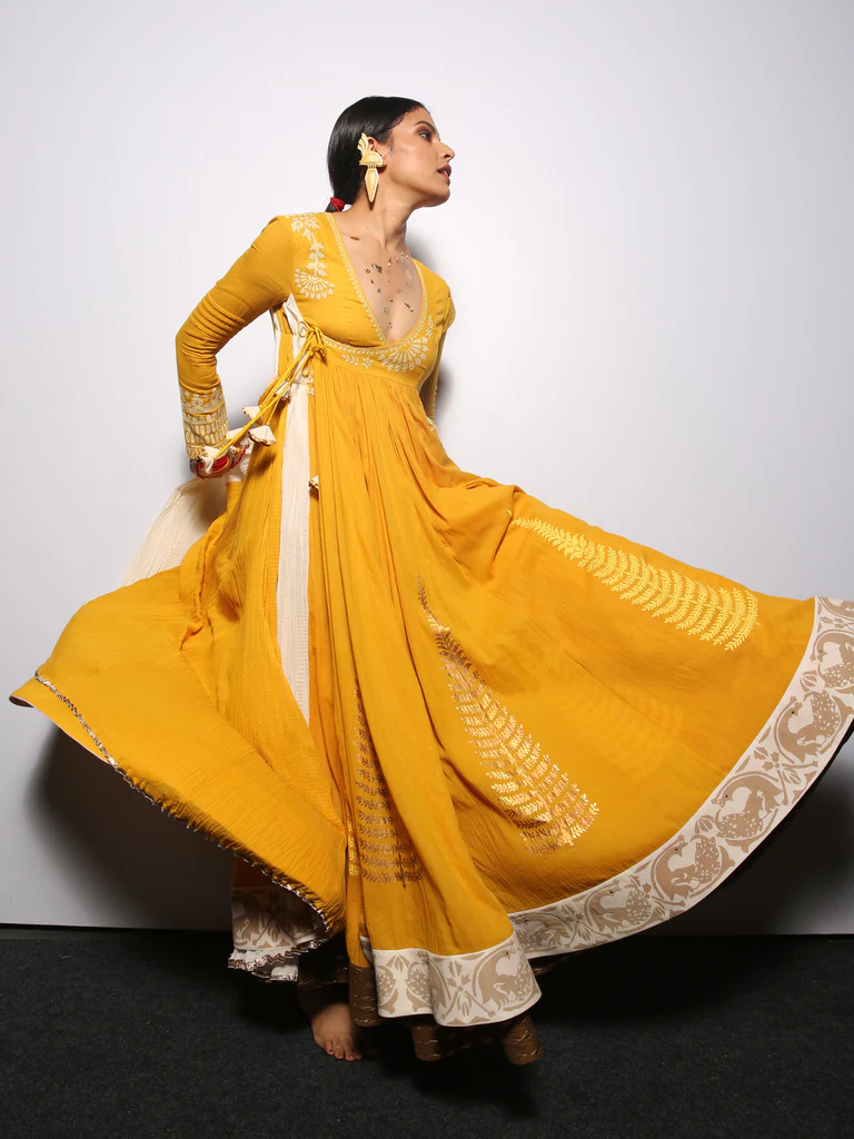 Haldi Ceremony Outfits: Mustard Slit Sleeve Dress